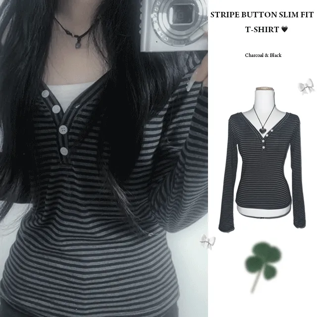 Stripe Button Slim Fit T-shirt  2color  단가라 버튼 슬림핏 티셔츠 (y2k, 데일리, 캐주얼, 꾸안꾸, 슬림, 유니크, 봄신상)