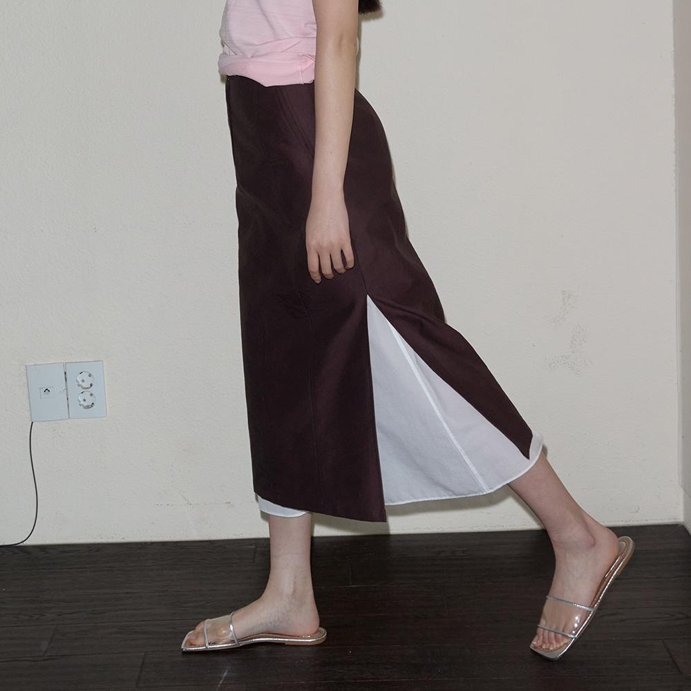 Sheer layerd slit skirt(red brown)