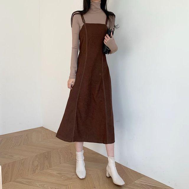 모브 스티치 스웨이드 하객룩 뷔스티에 레이어드  나시 롱원피스(2color)_빈야드