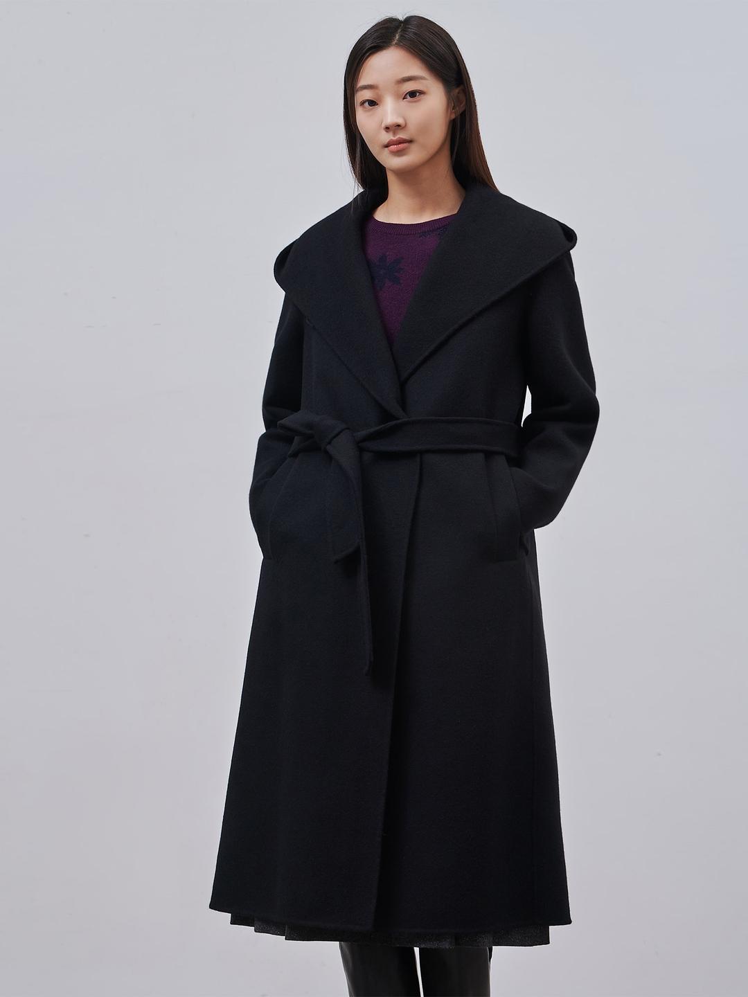 핸드메이드 후드 롱 코트 - 블랙