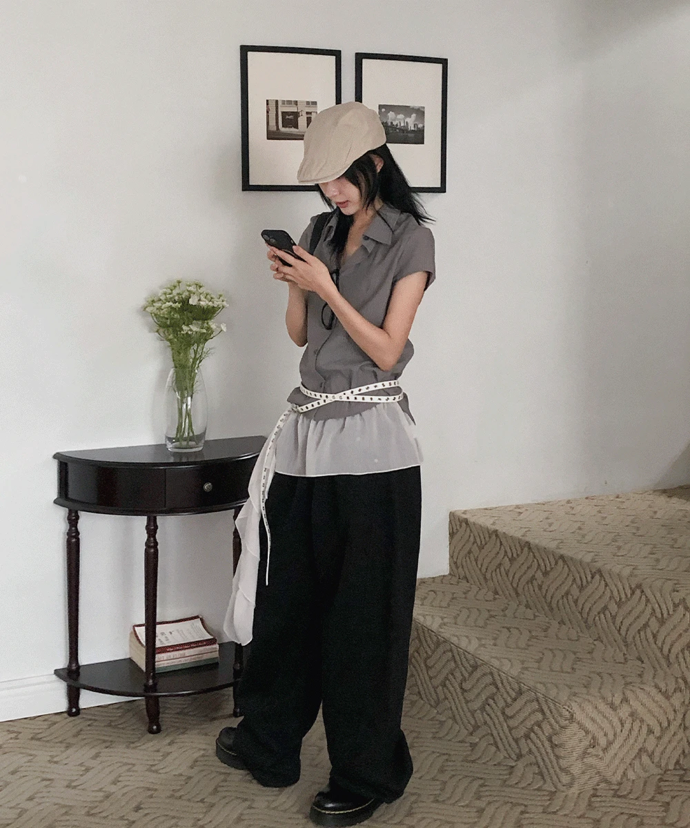 코이치 나일론 스트라이프 카라 반팔 셔츠