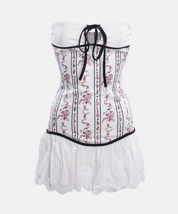 플라워 튜브탑 미니원피스 레이스 프릴 리본원피스