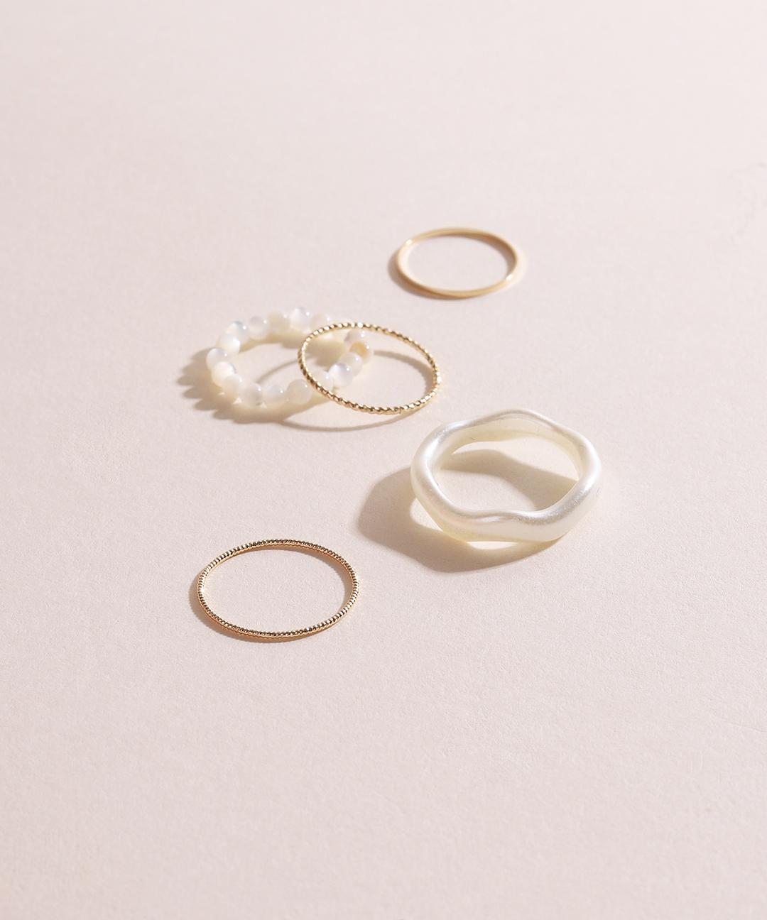 5set 진주 비즈 반지 물결 아크릴 레이어드 실반지 세트