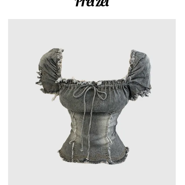 파테이트 데님 리본 반소매 탑