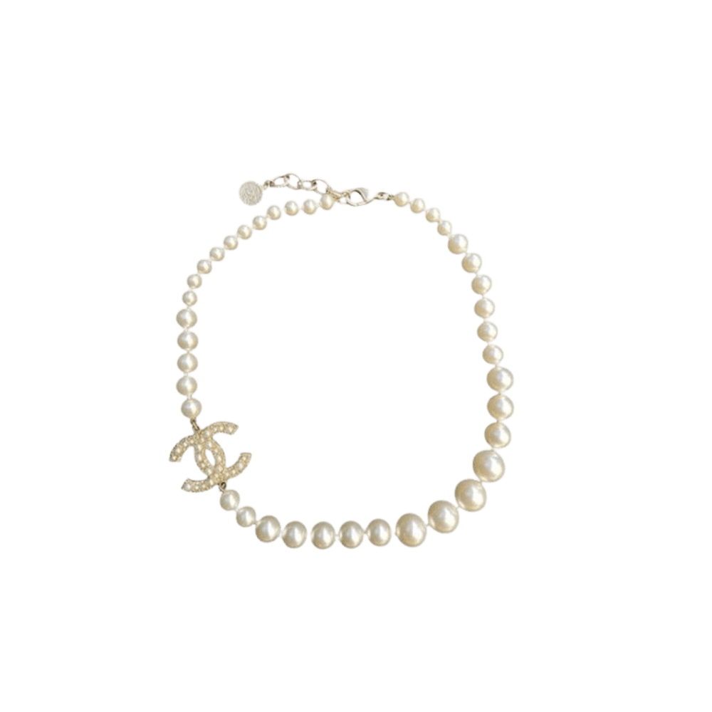 샤넬 네클리스 메탈 글래스 펄 레진 & 골드 메탈 펄리 화이트 크리스탈