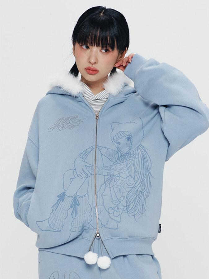 키르시 X 피투 퍼트리밍 그래픽 후드 집업 [다크 블루]