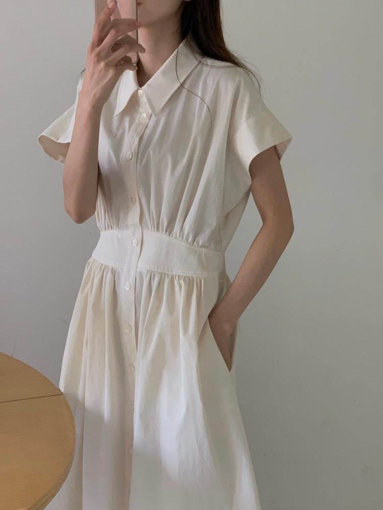 jinsim 진심 아티아 원피스 코튼 반팔 카라 셔링 롱 셔츠 ops (2col)