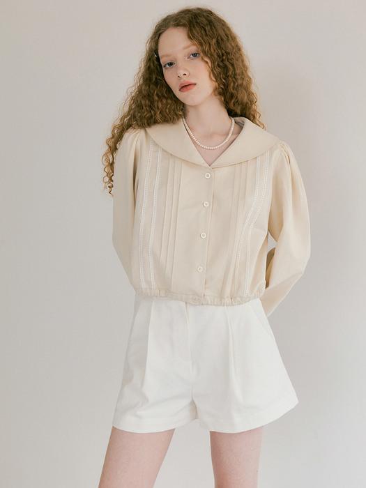 COLLAR LACE BANDING BLOUSE - LIGHT BEIGE