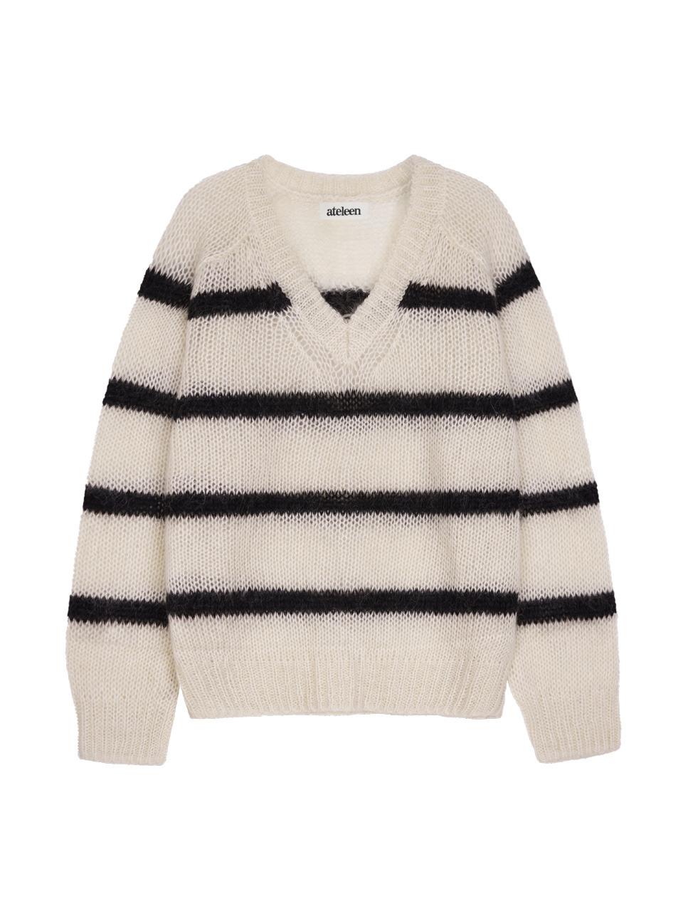 Mohair Stripe V-Neck Knit Pullover (Ivory)