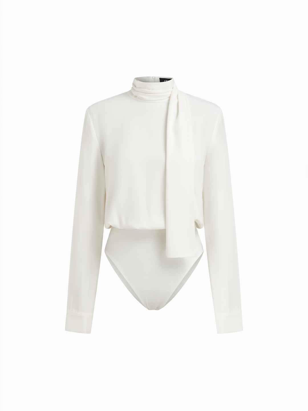High Neck Long Sleeve Blouse Bodysuit With Scarf