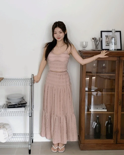 아이보리 바로출고 [휴양지/휴가/리조트룩🌸🌼] 레이스 나시 롱스커트 투피스 세트 [캡내장]