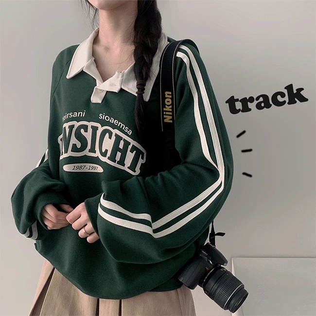 [하이틴/키치룩/블록코어] 인이 오버핏 배색  라인 레터링 맨투맨 (5color)