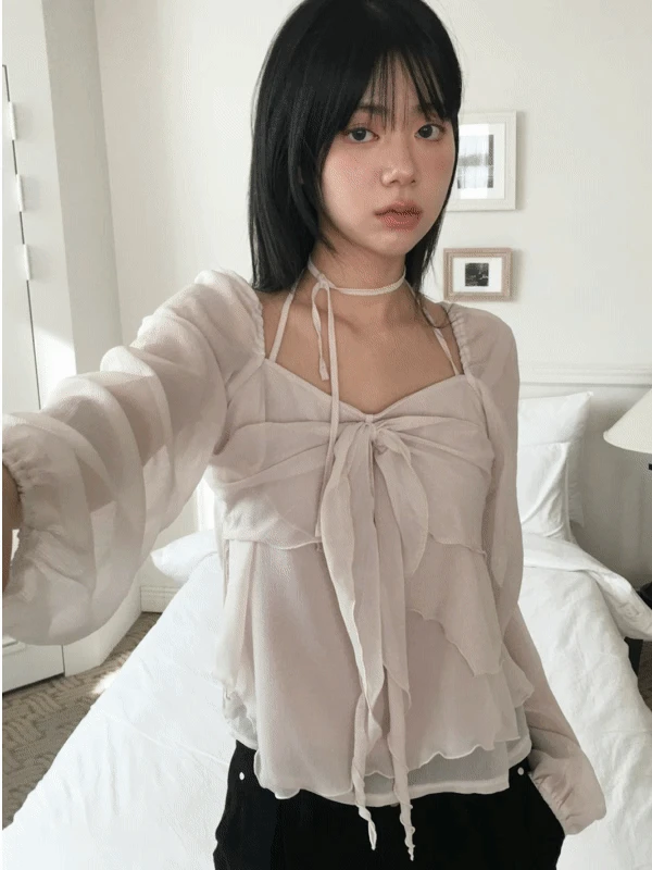 Benjamin chiffon ribbon blouse (light beige, black)