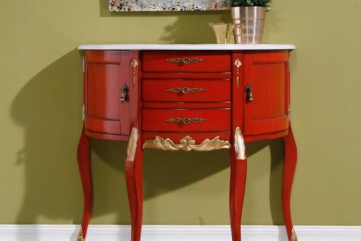 빈티지 레드 반원형 엔틱 수납 콘솔 / 테이블 얇은 럭셔리 장식장 앤틱 코너