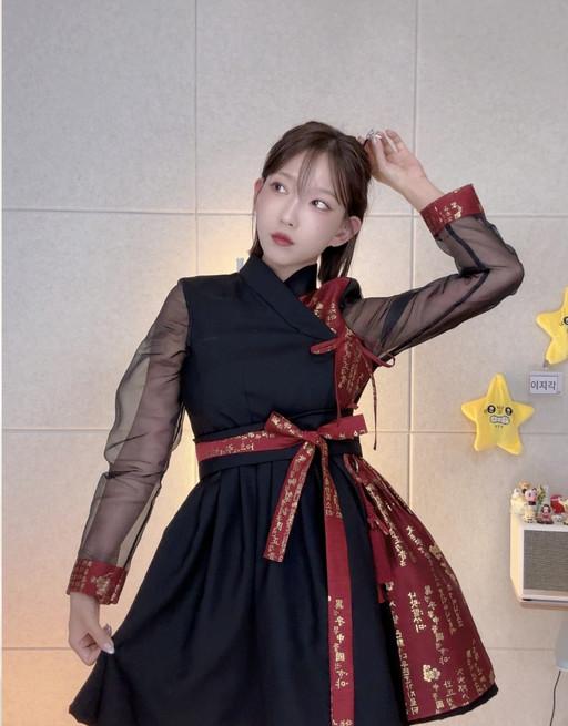 훈민정음 언밸런스 매화 금박 철릭원피스 시스루 블랙와인
