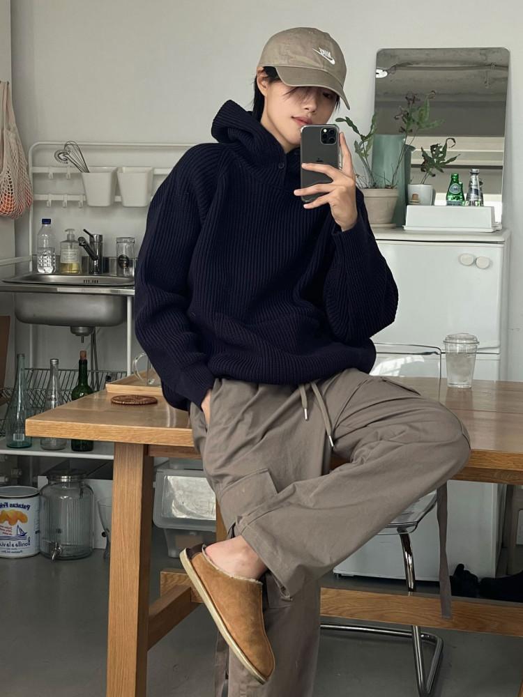 유니섹스 톤다운 투버튼 하찌 후드 니트(4color)