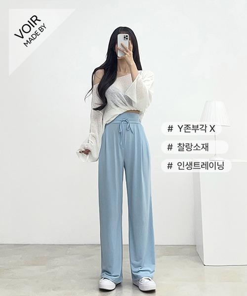 [쿨아이스/기본&롱ver.]찰랑원단 허리밴딩 하이웨스트 와이드트레이닝 팬츠(5color)