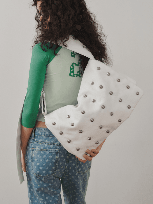 FREAKY STUD LEATHER MESSENGER BAG, WHITE
