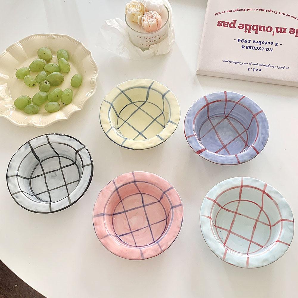 그레이스홈 핸드 드로잉 체크 도자기 요거트볼 시리얼 5colors