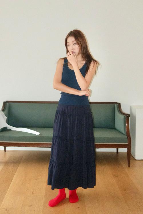 Maxi Shirring Flare Skirt (NAVY)