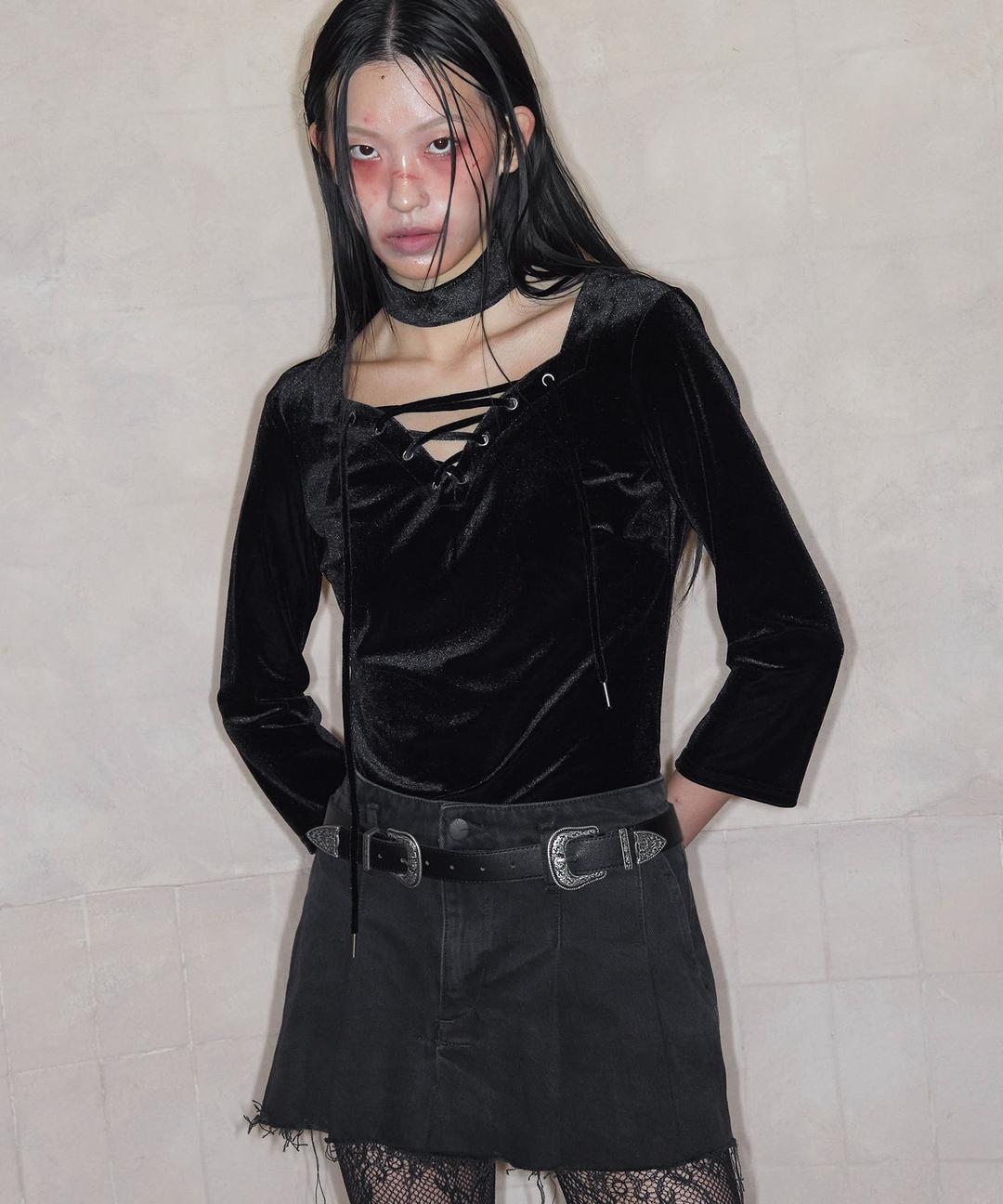 Heart Lace Up Velour Top (BLACK)