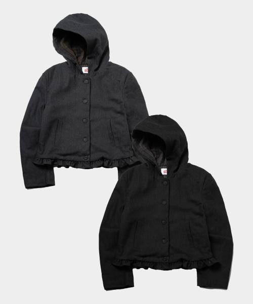 윈터 프릴 클래식 우먼 체크 배색 싱글 버튼 후드 숏 코트 자켓 _2COLOR