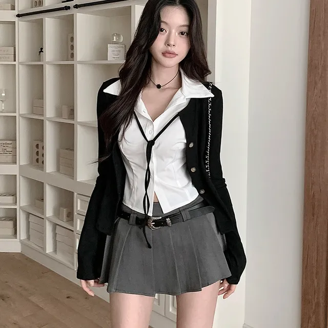 고퀄ver.[셔츠+가디건 일체형💗] 칠리 셔츠 가디건 일체형 레이어드 리본 슬림핏 티셔츠 가디건 봄 겨울 가을 / 하객룩 출근룩 소개팅룩 데이트룩 클래식블랑