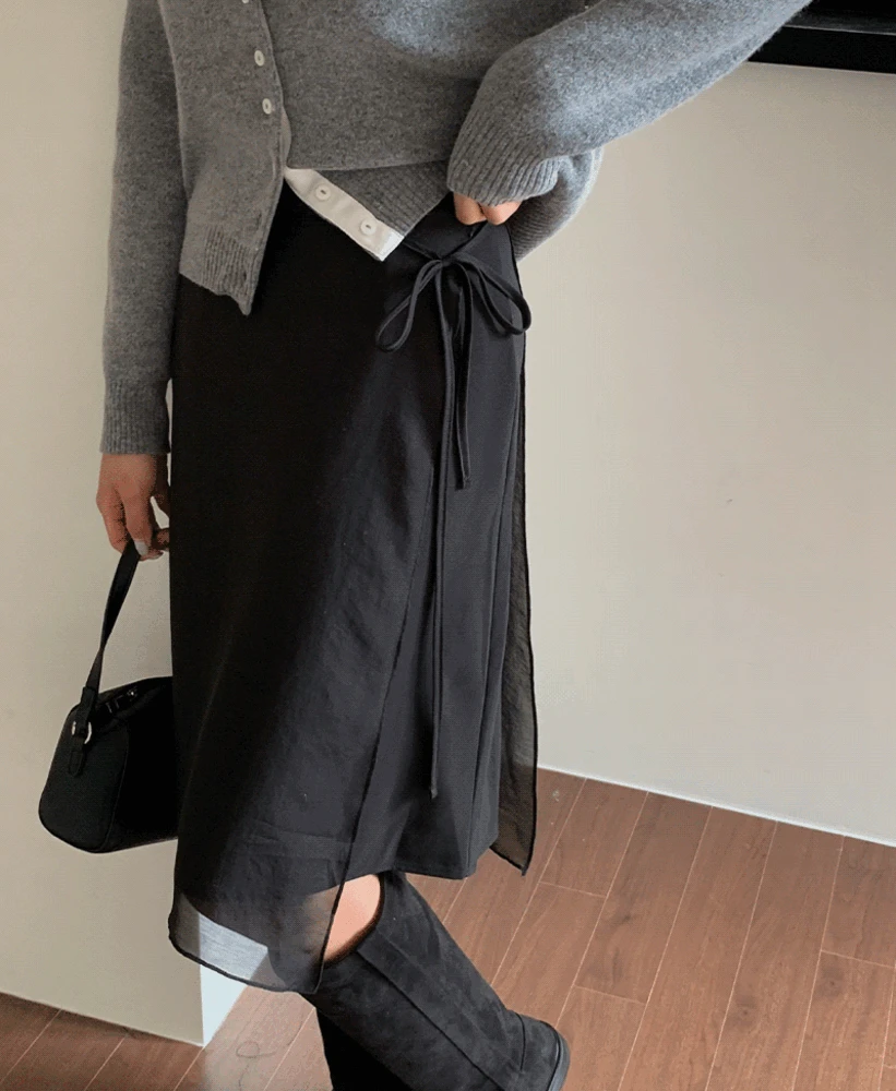 엔초 쉬폰 레이어드 미디 랩 스커트 3color