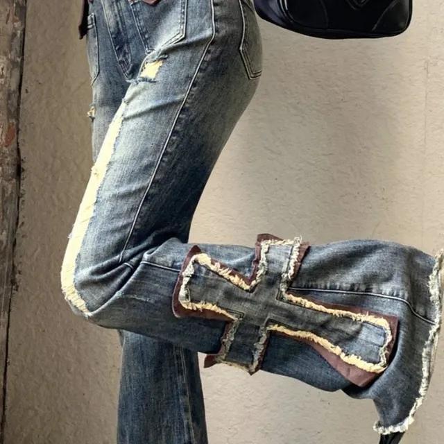 [Y2K/힙무드] <주문폭주> 히피 십자가 스웨이드 배색 부츠컷 청바지