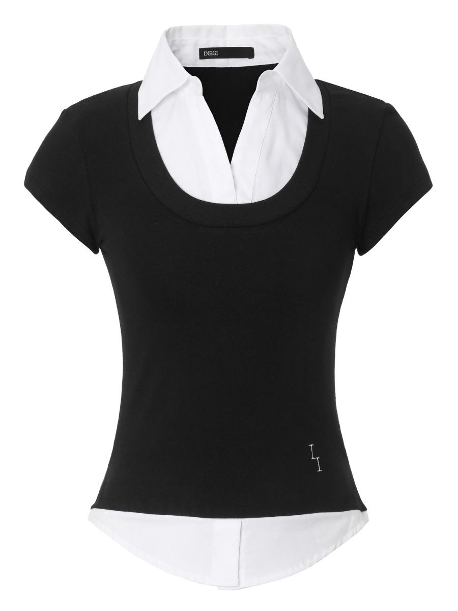 [INEGI] Embroidery Layered Half Shirt (black)