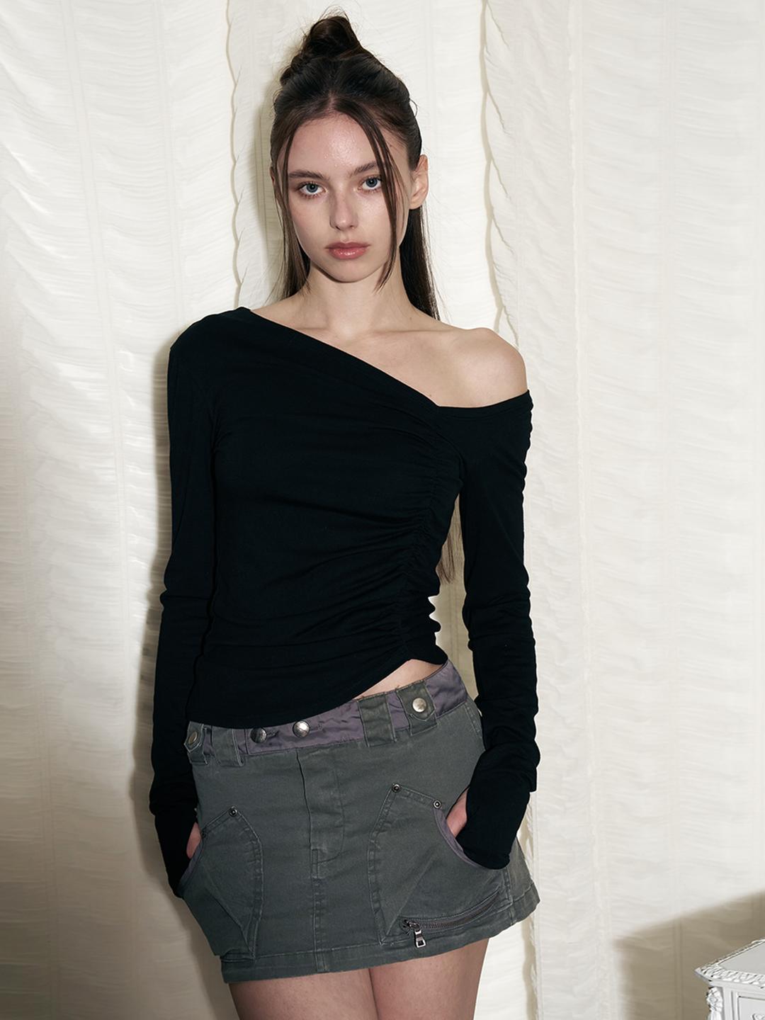 Hayden Unbal Shirring Long Sleeve Top (Black)