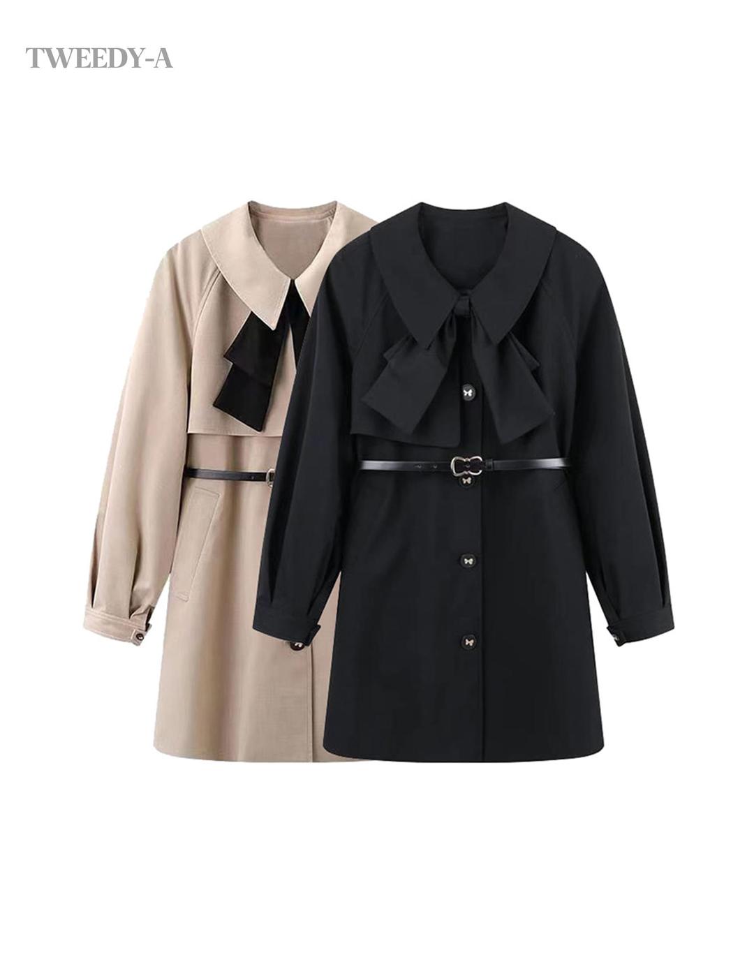 (블랙 바로배송) 에디 숏 카라 리본 미니 트렌치코트 (벨트 SET)