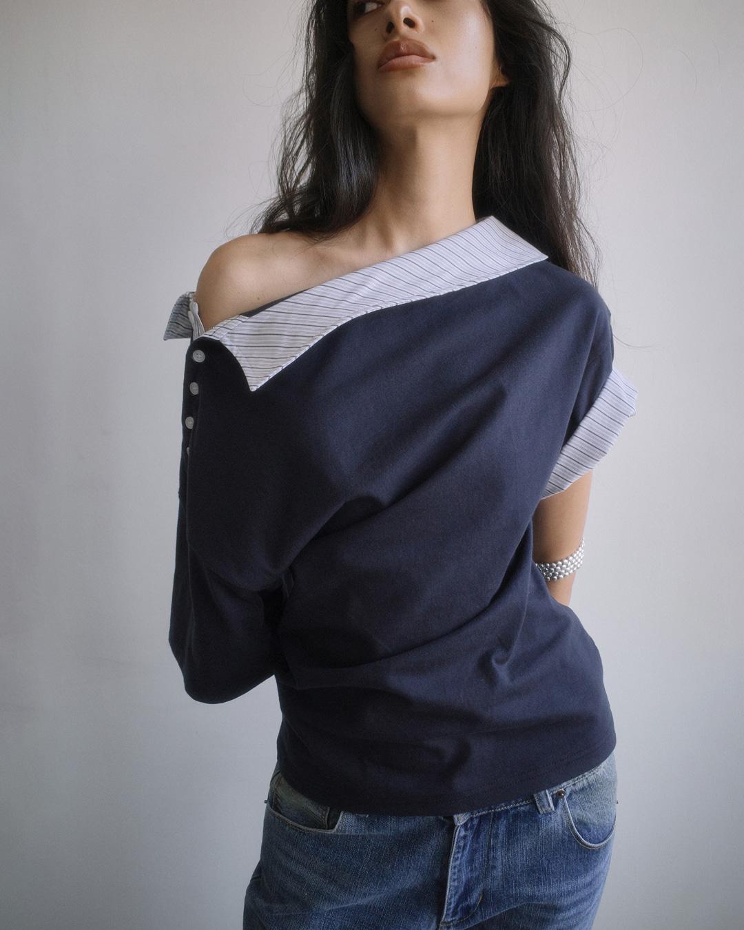 OFF-SHOULDER SHIRT LAYERED UNBALANCED T-SHIRT-NAVY