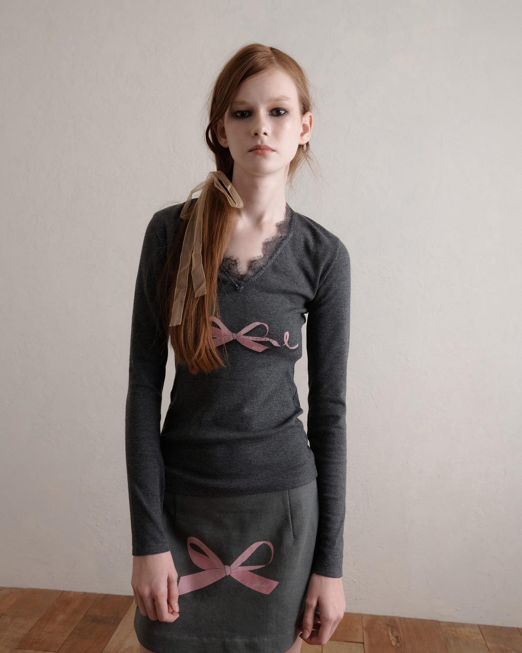 Ribbon Printed Long Sleeves (Gray) (*-50% SALE)