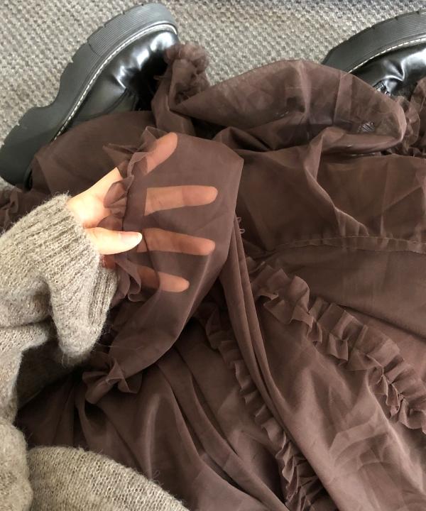 만다린트리 [고급스러움✨🎀] 로페 프릴 시스루 언발란스 캉캉 롱스커트 3 color