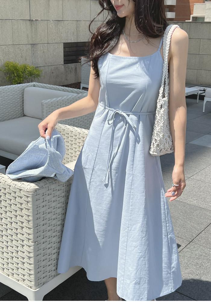 [당일발송] 퓨어 린넨 끈나시 리본 롱 드레스 여름 원피스