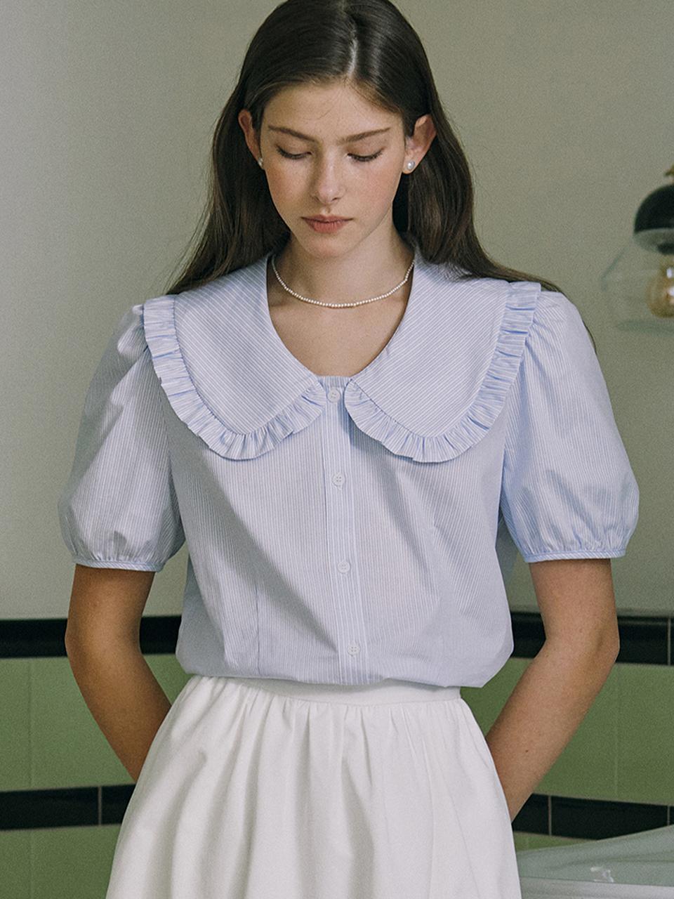 Ruffle Collar Stripe Blouse - Blue
