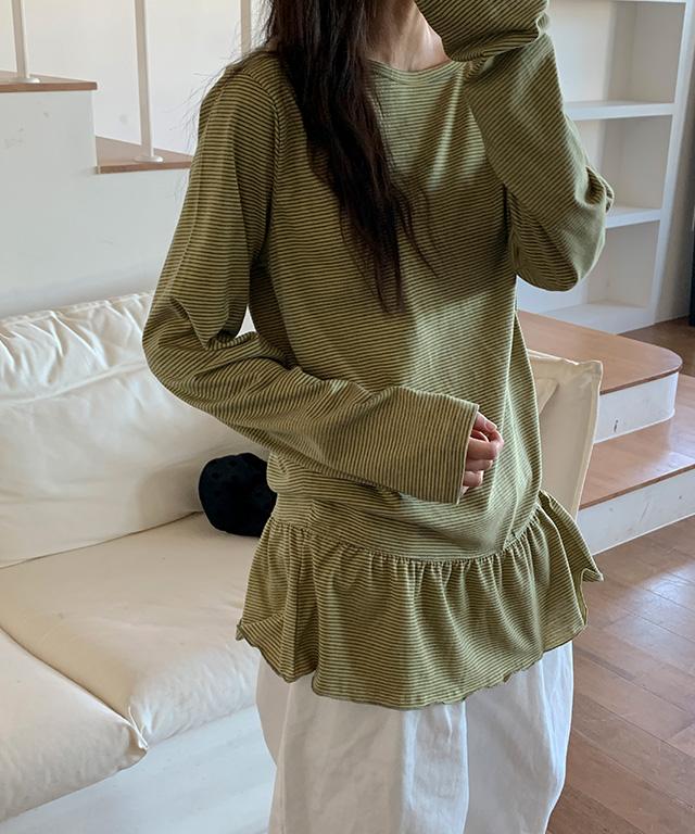 데일리쥬 [🍀봄신상/MADE] 케일라 스트라이프 프릴 라운드넥 긴소매 티셔츠
