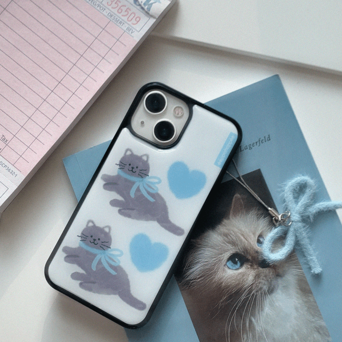 아이폰16e 추가)Skyblue Ribbon Cat 하늘리본 고양이 범퍼 폰케이스(에폭시/글래스/맥세이프/플립)