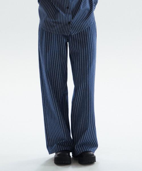 스트라이프 세미 와이드 팬츠-인디고 블루(여)