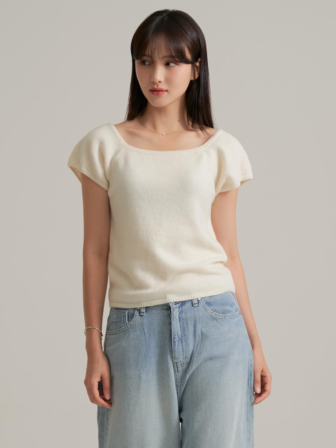 [당일발송] 울 스퀘어 넥 반팔 니트 - 아이보리