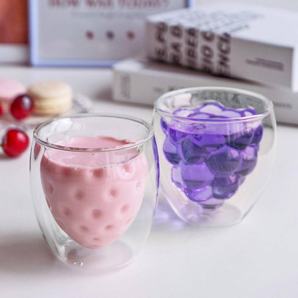 인블룸 딸기 포도 과일모양 귀여운 이중유리컵 2중유리잔 250ml 선물용 1+1개 : 인블룸