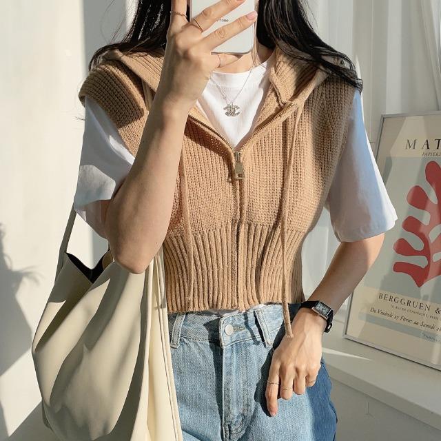 [소장각/레이어드룩] 후드 니트 집업 조끼 베스트 N-0214
