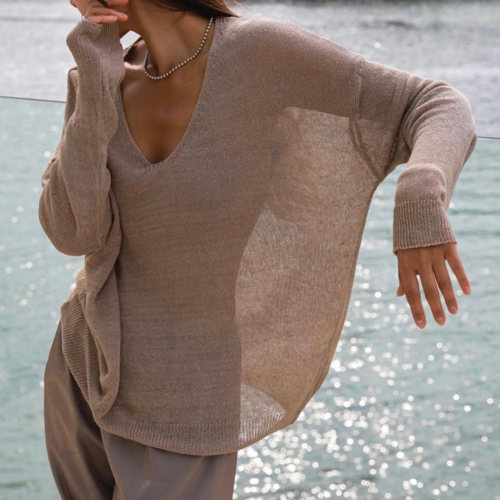 썸머 린넨 오버핏 브이넥 시스루 니트