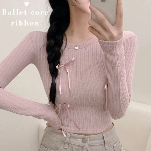 [러블리!] 리본 발레코어 라운드 크롭 니트 티 (4color)