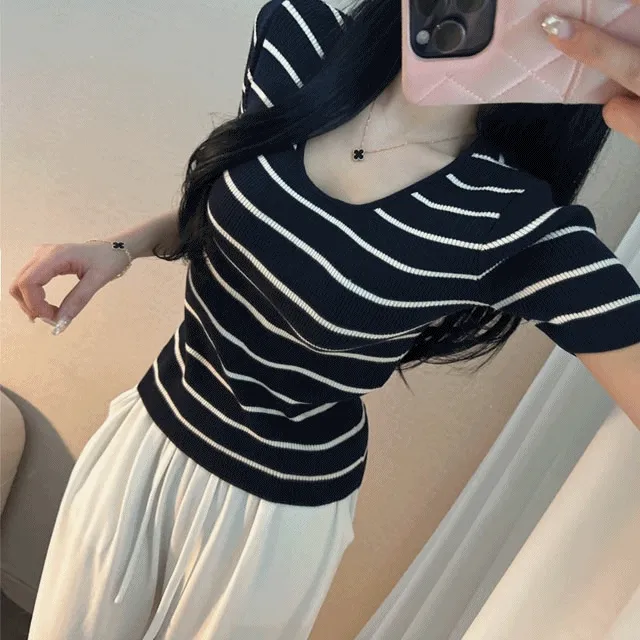 부분❤️당일배송❤️(1+1)슬림핏 u넥 골지 반팔 니트