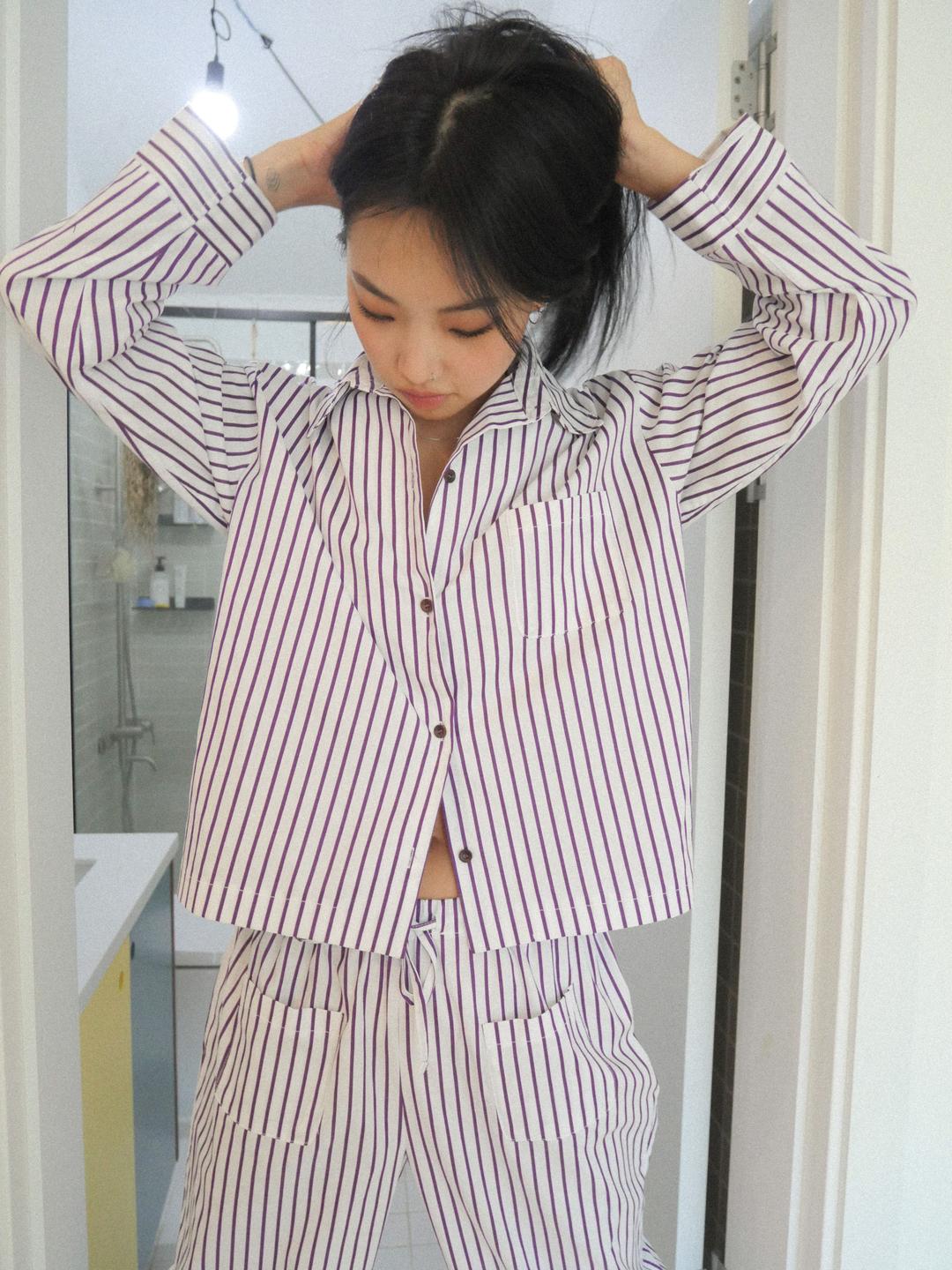 cotton pajamas purple stripe 코튼 파자마 퍼플 스트라이프
