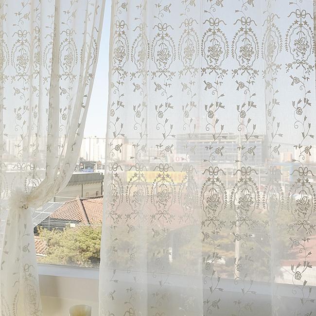 플라워바스켓 리본 자수 커튼