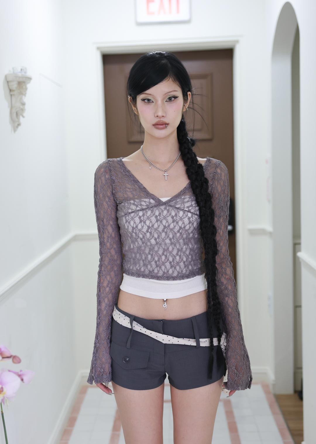 [Pink orchid house] V-neck crop lace T (3color)