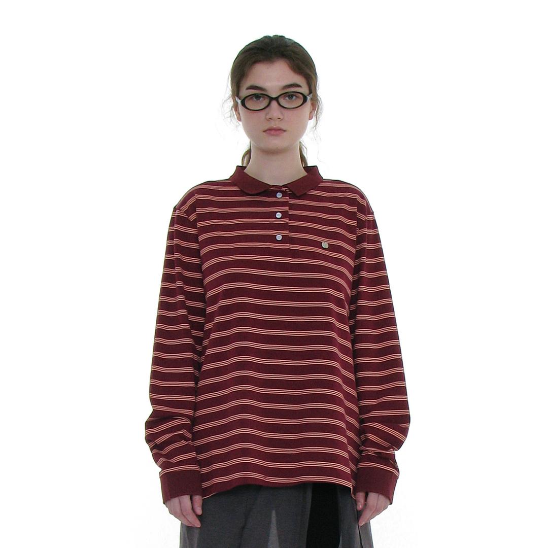 STRIPE LONG SLEEVE POLO TEE_BURGUNDY